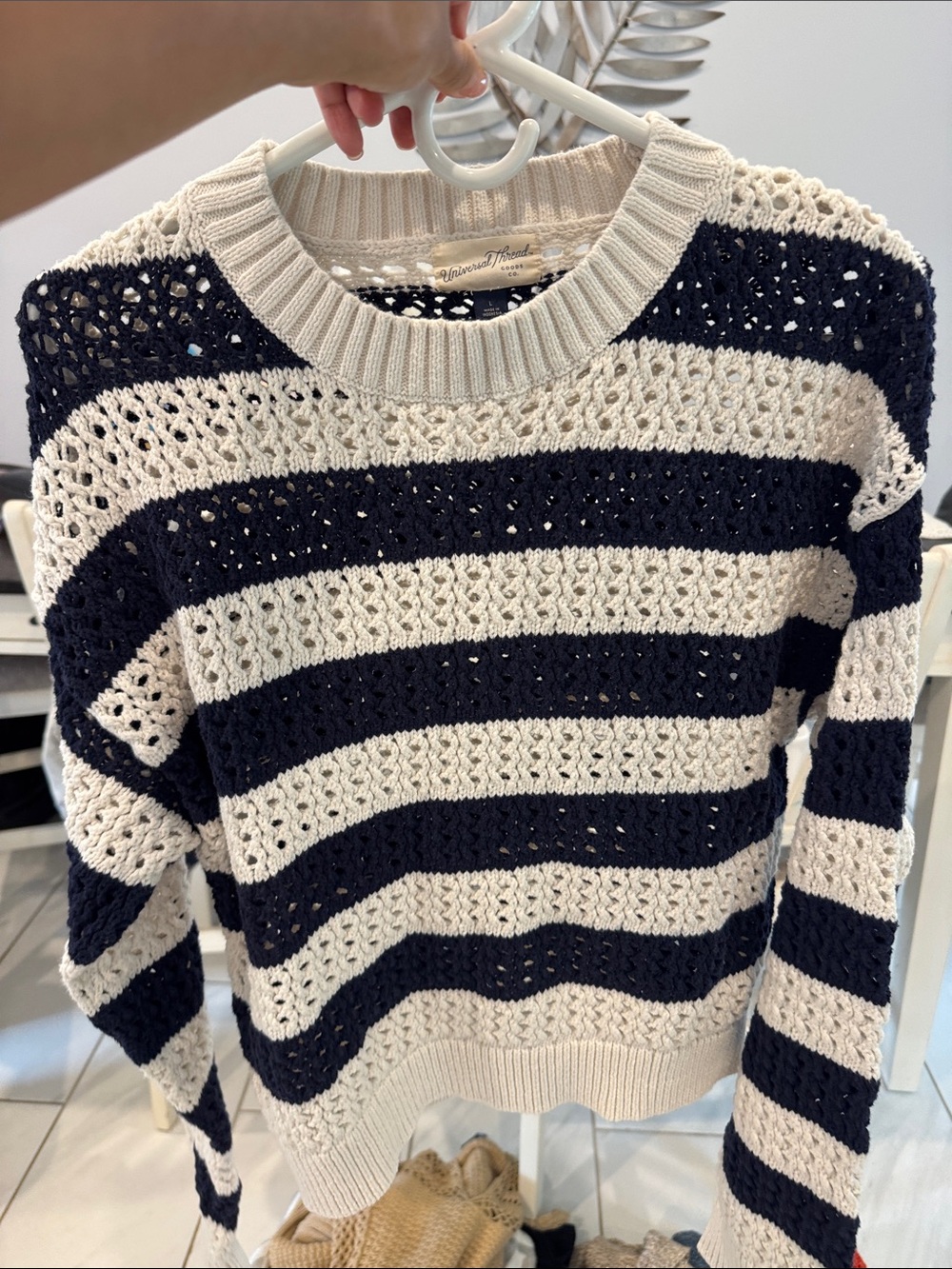 Universal Thread Navy and Cream Striped Open-Knit Crew Sweater